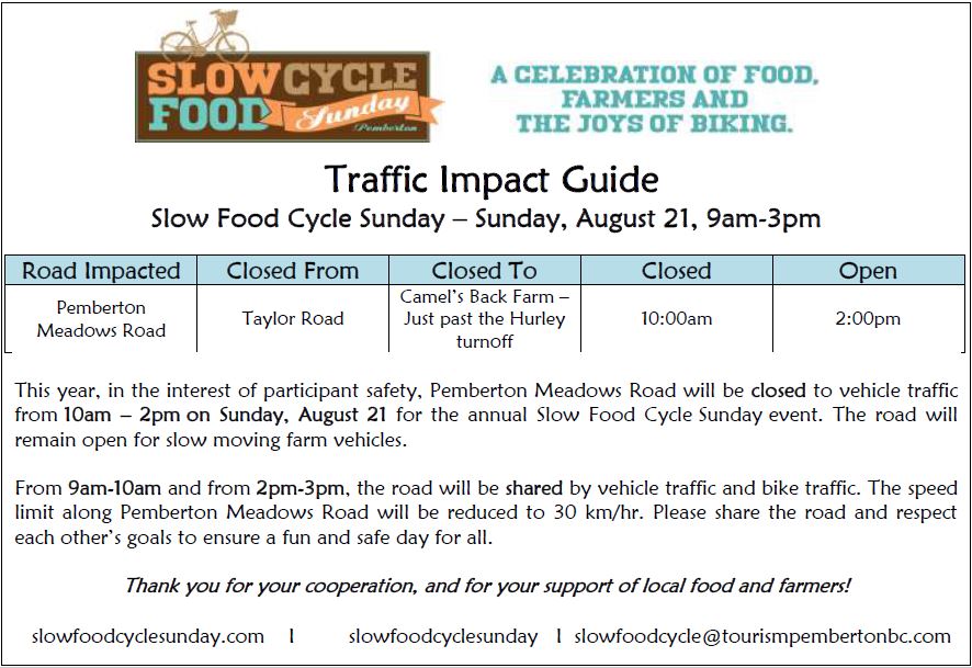 Slow Food Cycle will proceed on August 21 with partial road closure, 10am 2pm, on Pemberton